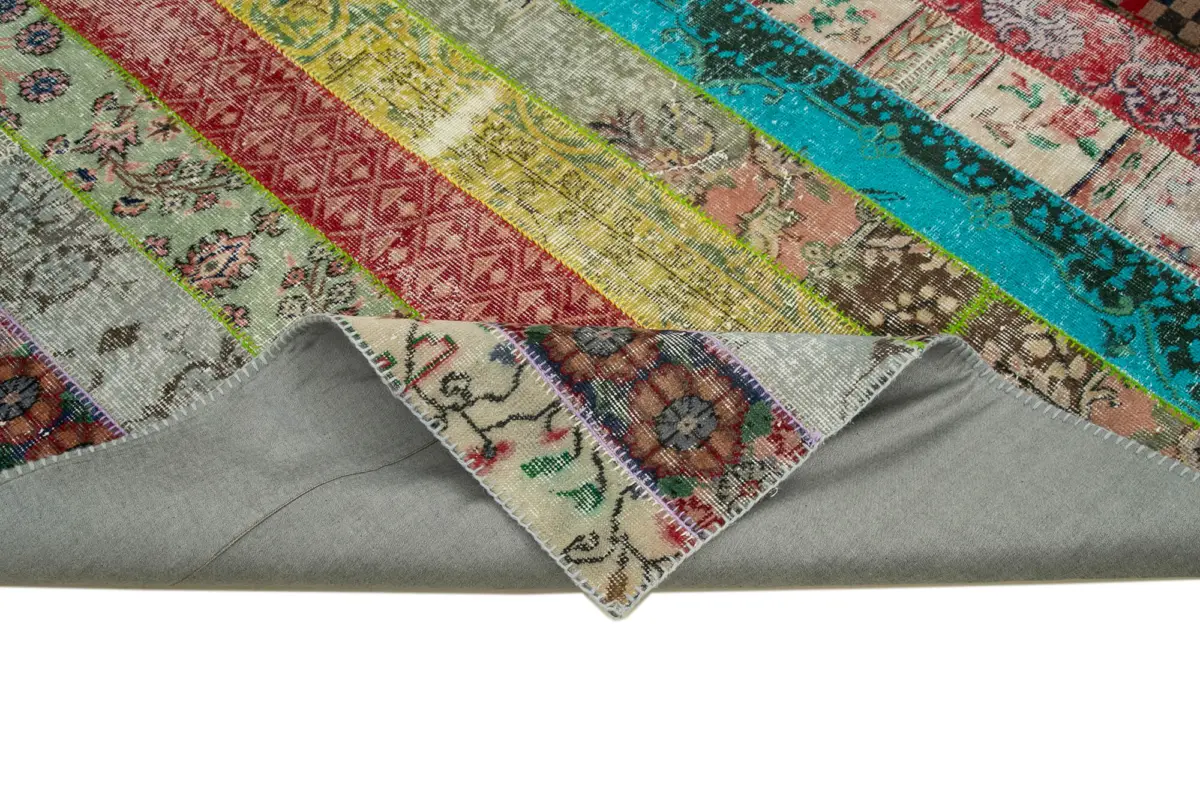 Patchwork Multi Pamuk Üzerine Yün El Dokuma Kilim-203x304 - Görsel 6