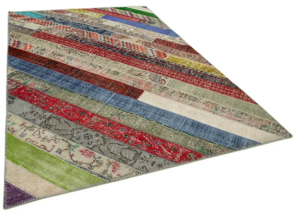 Patchwork Multi Pamuk Üzerine Yün El Dokuma Kilim-204x308 - Görsel 2