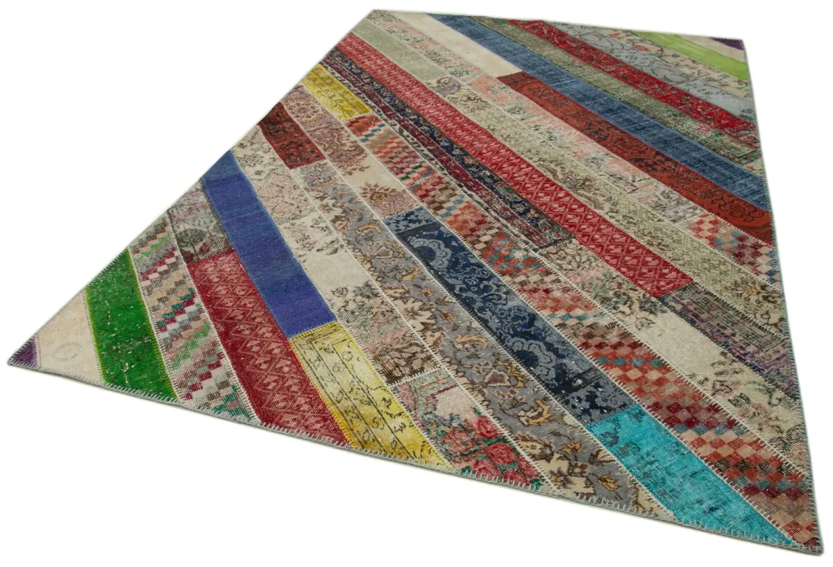Patchwork Multi Pamuk Üzerine Yün El Dokuma Kilim-204x308 - Görsel 3