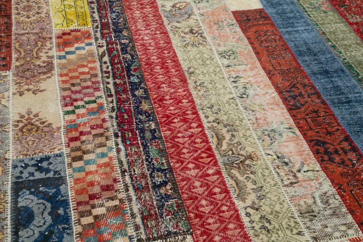 Patchwork Multi Pamuk Üzerine Yün El Dokuma Kilim-204x308 - Görsel 5