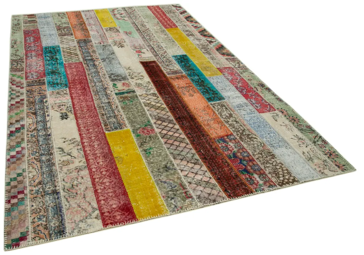 Patchwork Multi Pamuk Üzerine Yün El Dokuma Kilim-202x305 - Görsel 2