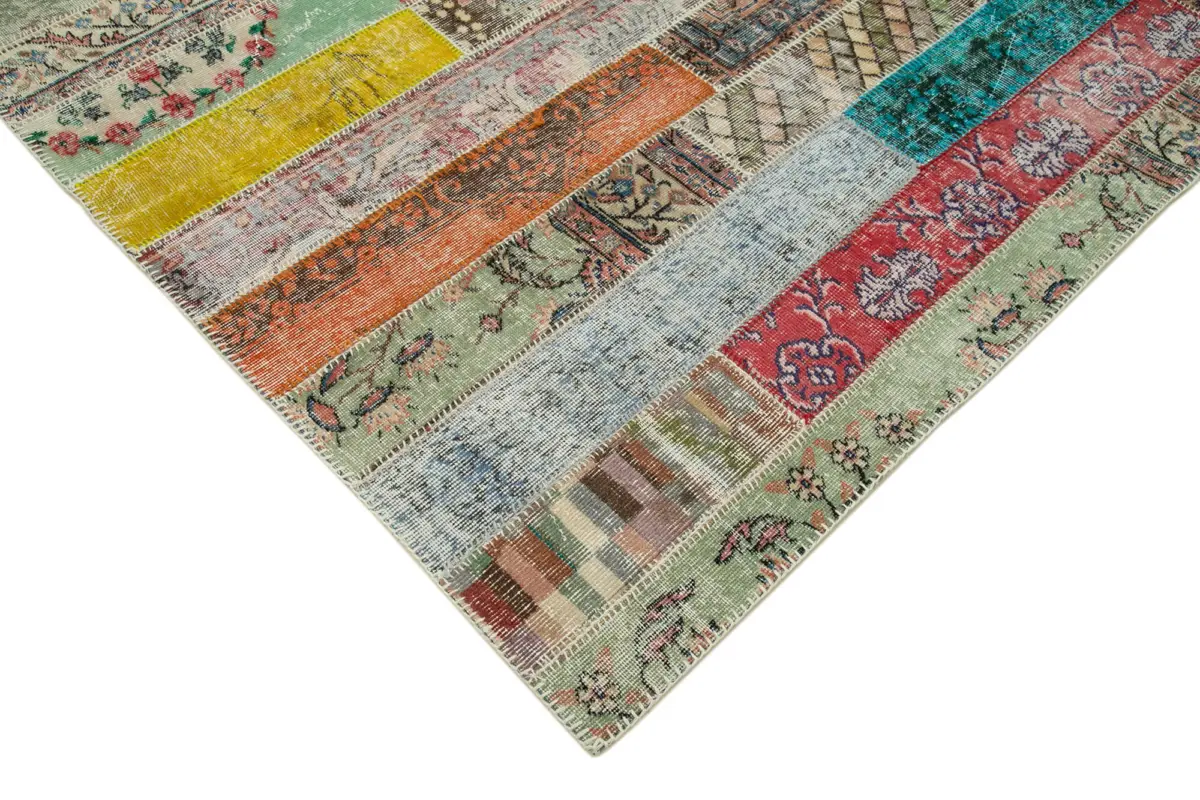 Patchwork Multi Pamuk Üzerine Yün El Dokuma Kilim-202x305 - Görsel 4