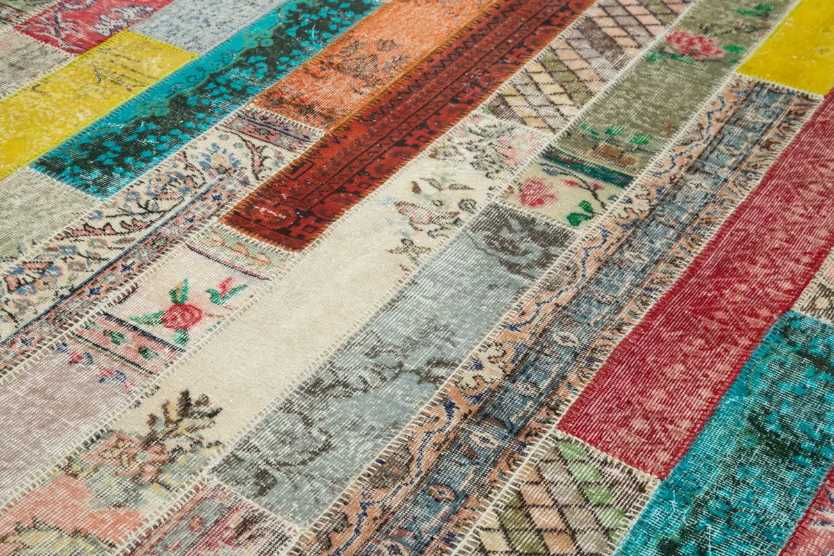 Patchwork Multi Pamuk Üzerine Yün El Dokuma Kilim-202x305 - Görsel 5