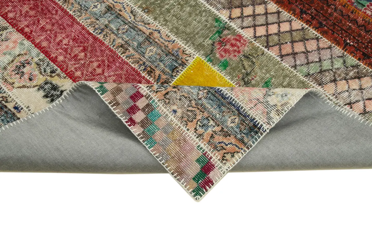 Patchwork Multi Pamuk Üzerine Yün El Dokuma Kilim-202x305 - Görsel 6