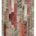 Patchwork Kırmızı Pamuk Üzerine Yün El Dokuma Kilim-203x306