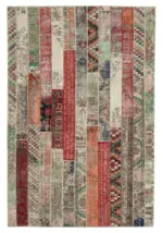 Patchwork Kırmızı Pamuk Üzerine Yün El Dokuma Kilim-203x306