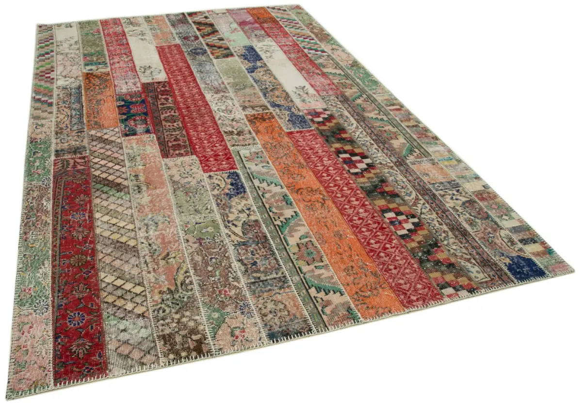 Patchwork Kırmızı Pamuk Üzerine Yün El Dokuma Kilim-203x306 - Görsel 2