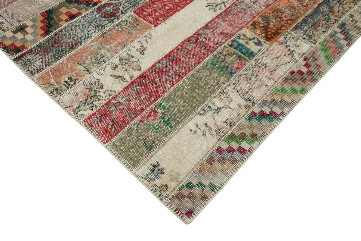 Patchwork Kırmızı Pamuk Üzerine Yün El Dokuma Kilim-203x306 - Görsel 4