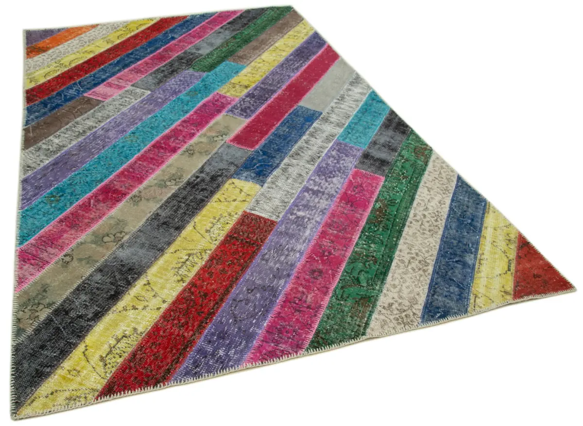 Patchwork Multi Pamuk Üzerine Yün El Dokuma Kilim-197x305 - Görsel 2