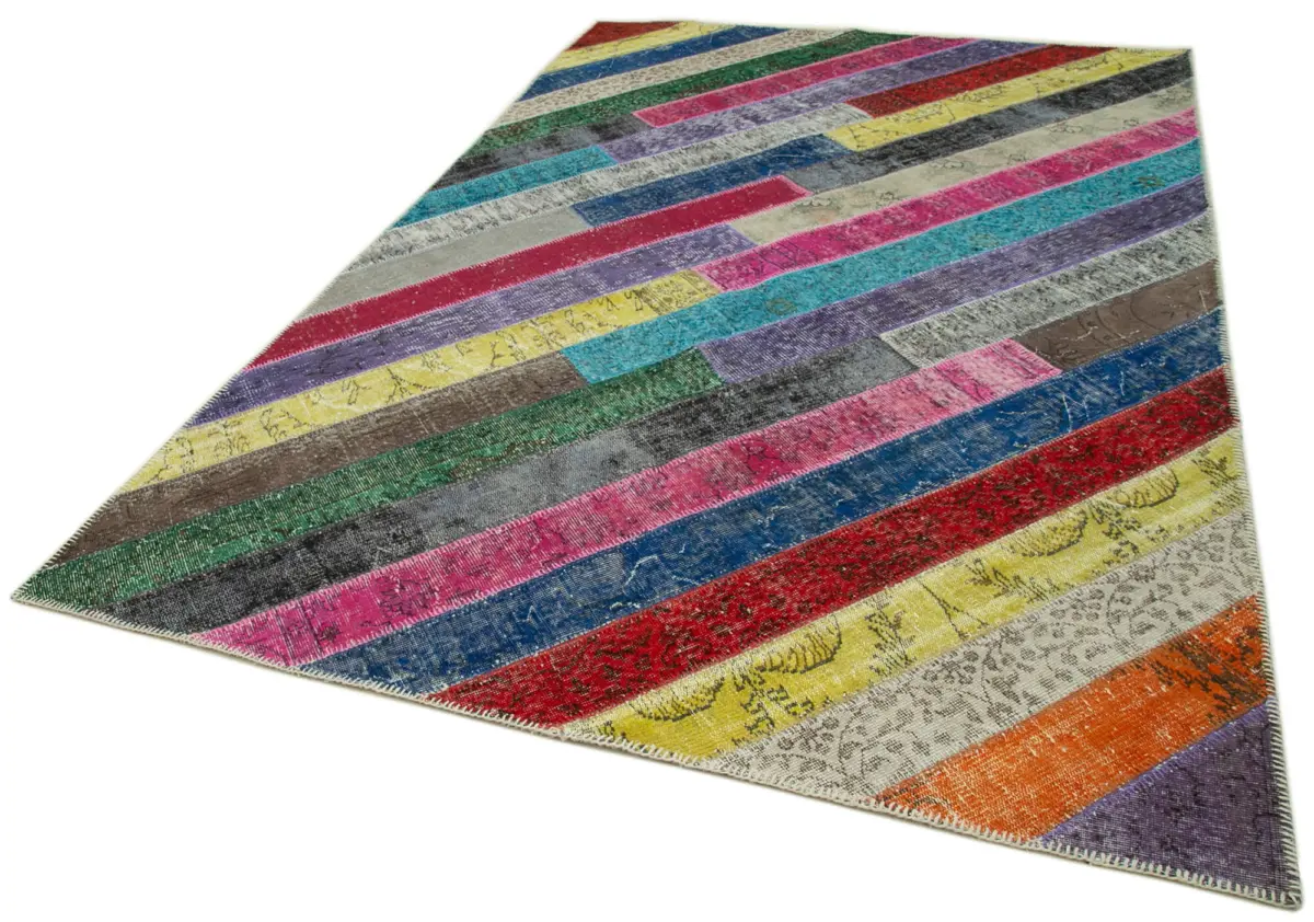 Patchwork Multi Pamuk Üzerine Yün El Dokuma Kilim-197x305 - Görsel 3