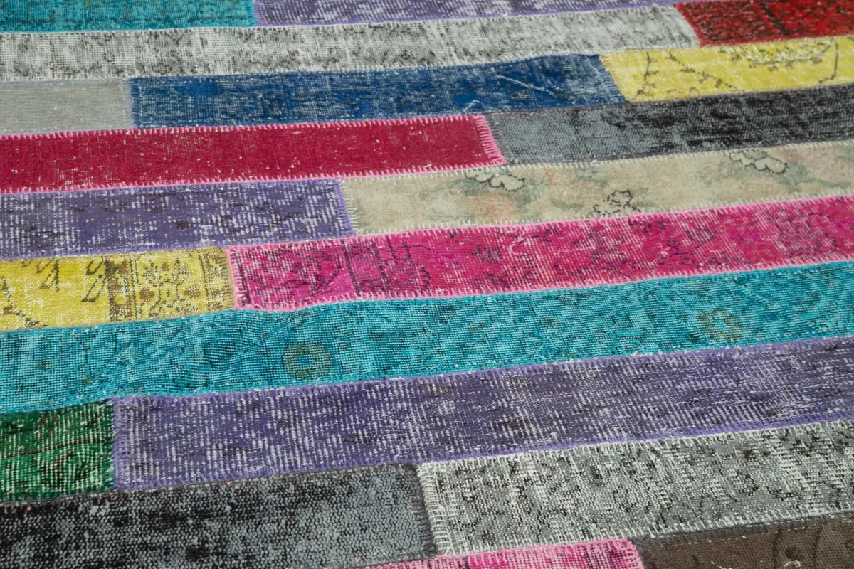 Patchwork Multi Pamuk Üzerine Yün El Dokuma Kilim-197x305 - Görsel 5