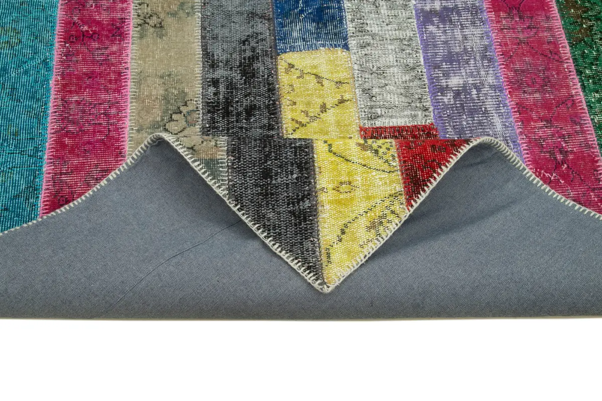 Patchwork Multi Pamuk Üzerine Yün El Dokuma Kilim-197x305 - Görsel 6