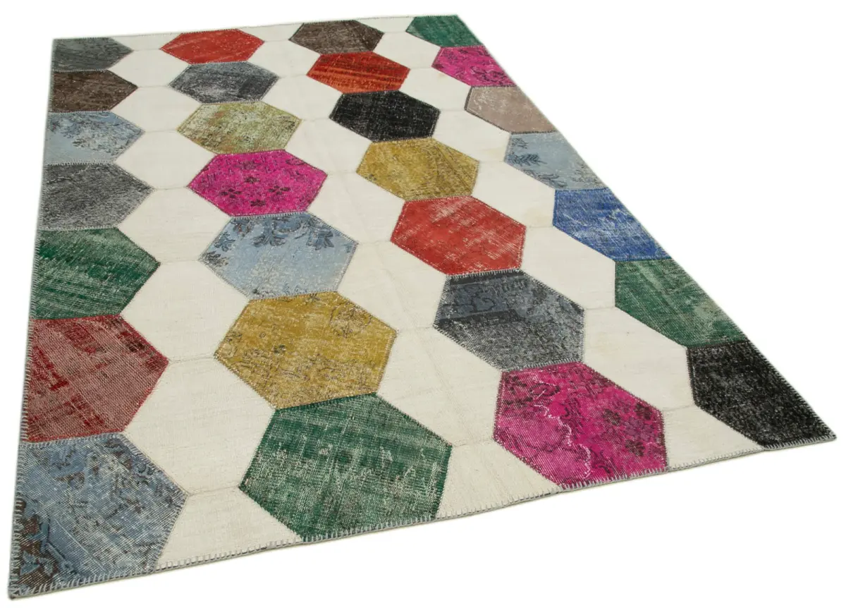 Patchwork Multi Pamuk Üzerine Yün El Dokuma Kilim-195x288 - Görsel 2