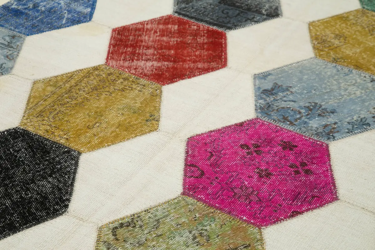 Patchwork Multi Pamuk Üzerine Yün El Dokuma Kilim-195x288 - Görsel 5