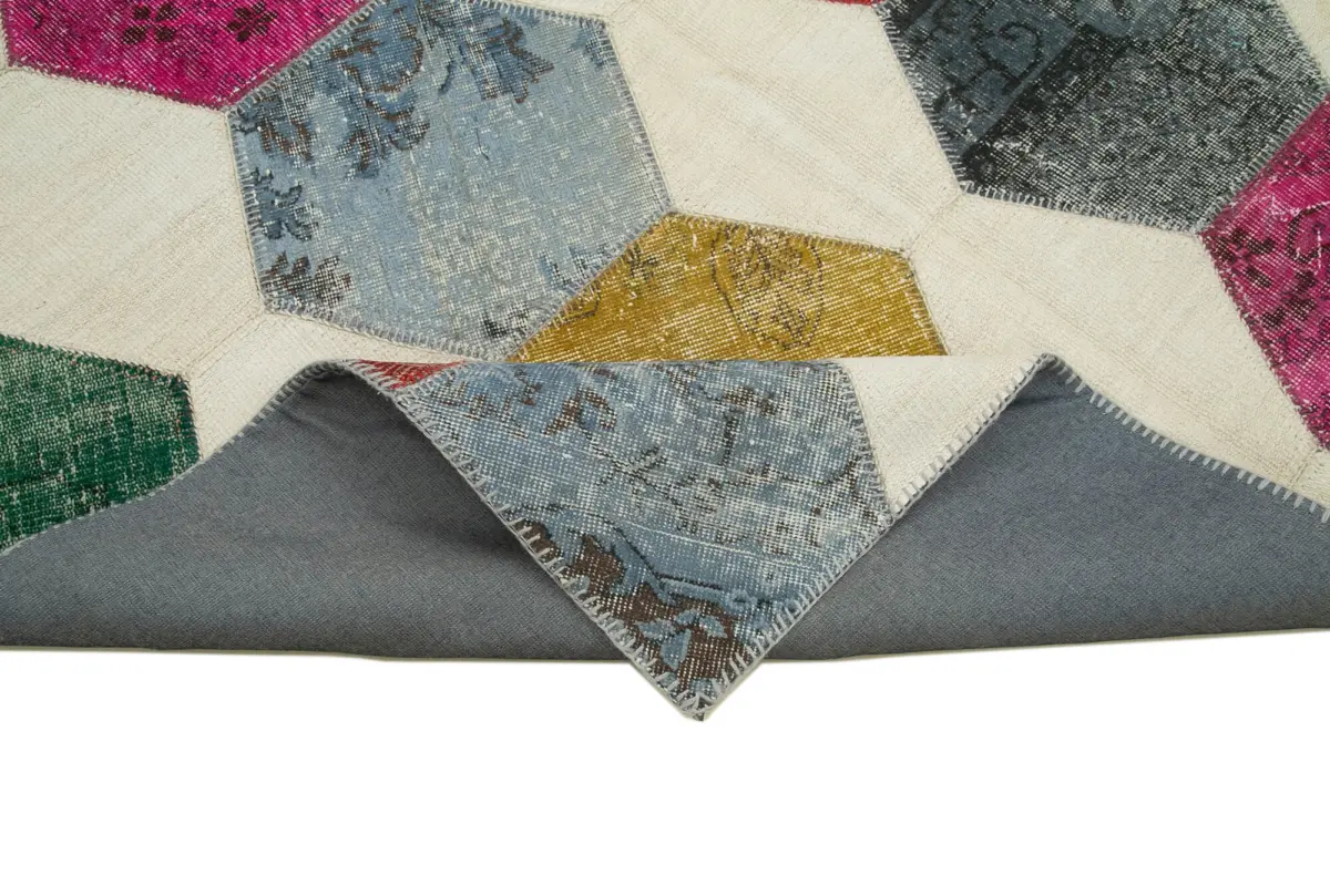 Patchwork Multi Pamuk Üzerine Yün El Dokuma Kilim-195x288 - Görsel 6