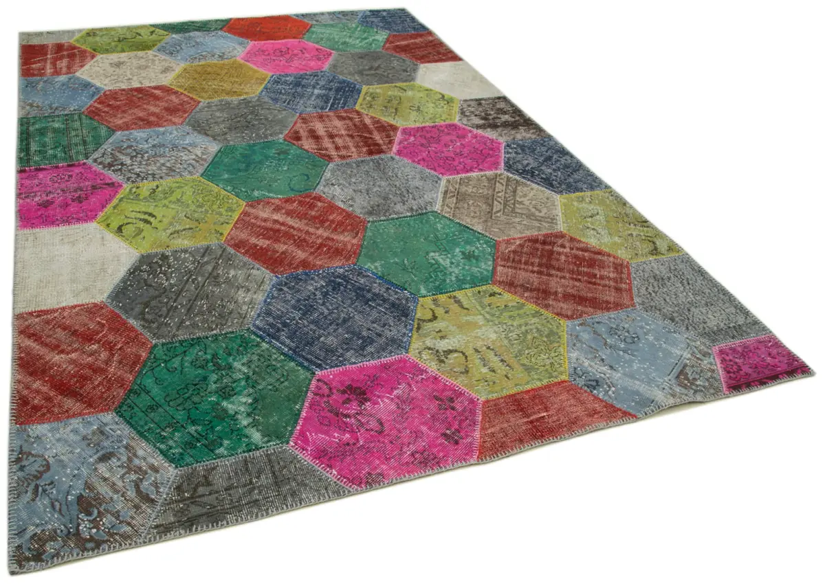 Patchwork Multi Pamuk Üzerine Yün El Dokuma Kilim-203x306 - Görsel 2