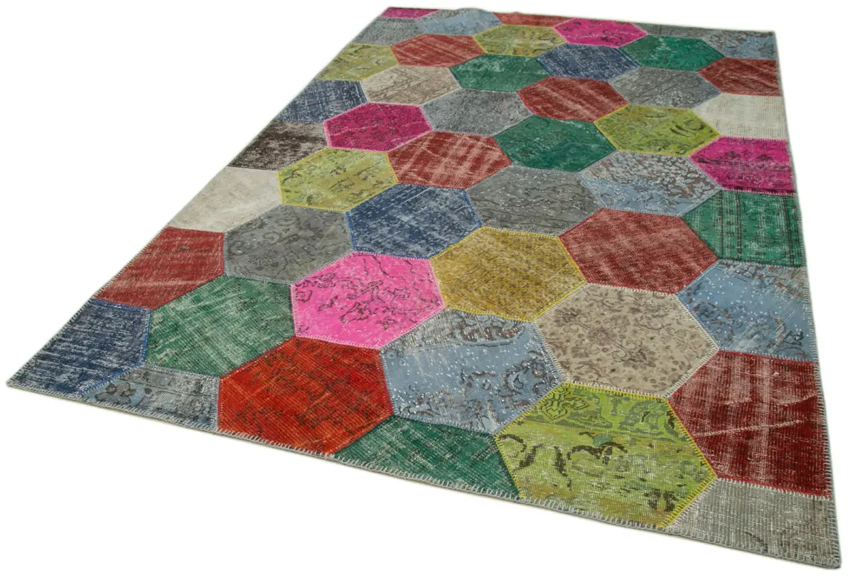 Patchwork Multi Pamuk Üzerine Yün El Dokuma Kilim-203x306 - Görsel 3
