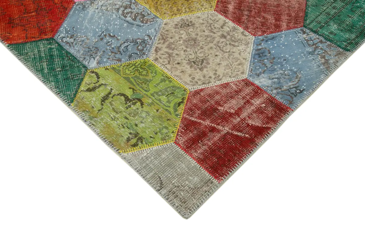 Patchwork Multi Pamuk Üzerine Yün El Dokuma Kilim-203x306 - Görsel 4