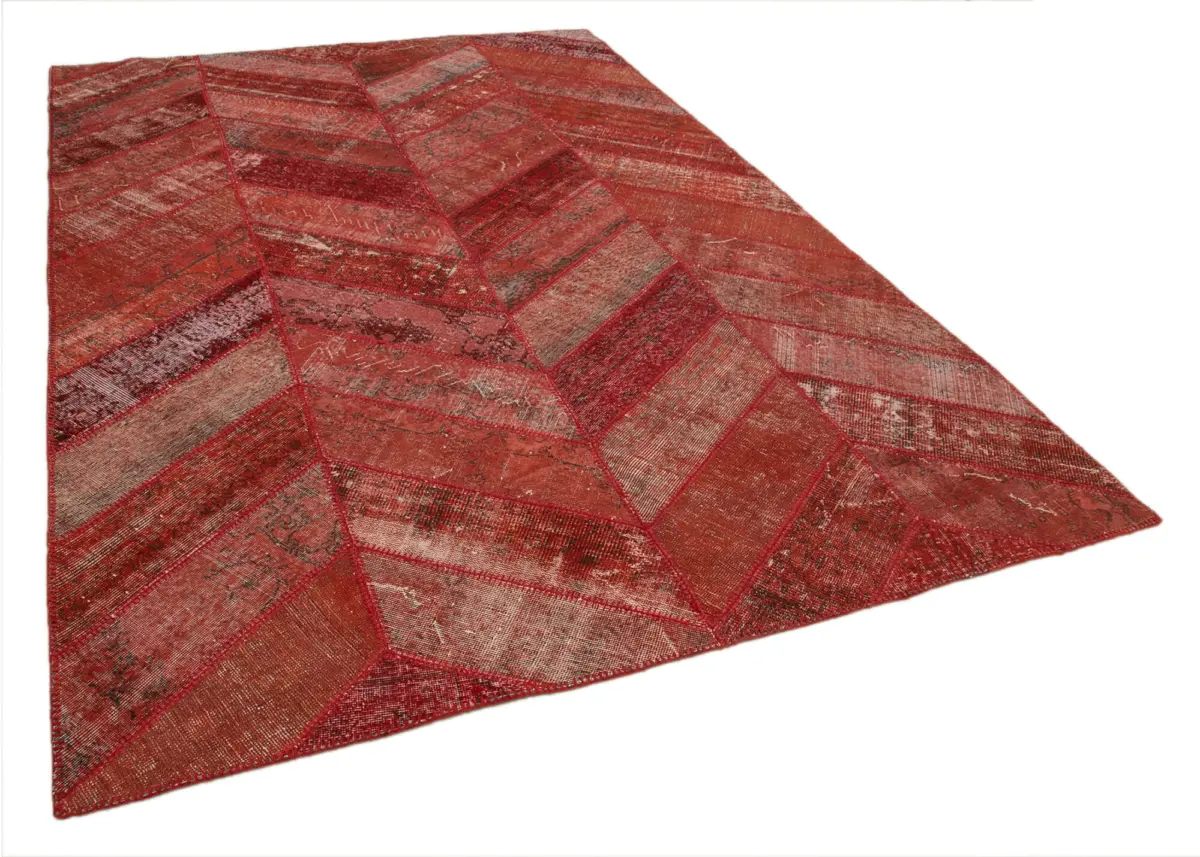 Patchwork Kırmızı Pamuk Üzerine Yün El Dokuma Kilim-204x306 - Görsel 2