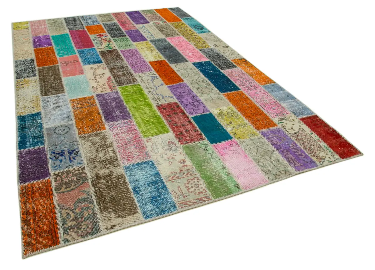 Patchwork Multi Pamuk Üzerine Yün El Dokuma Kilim-206x307 - Görsel 2