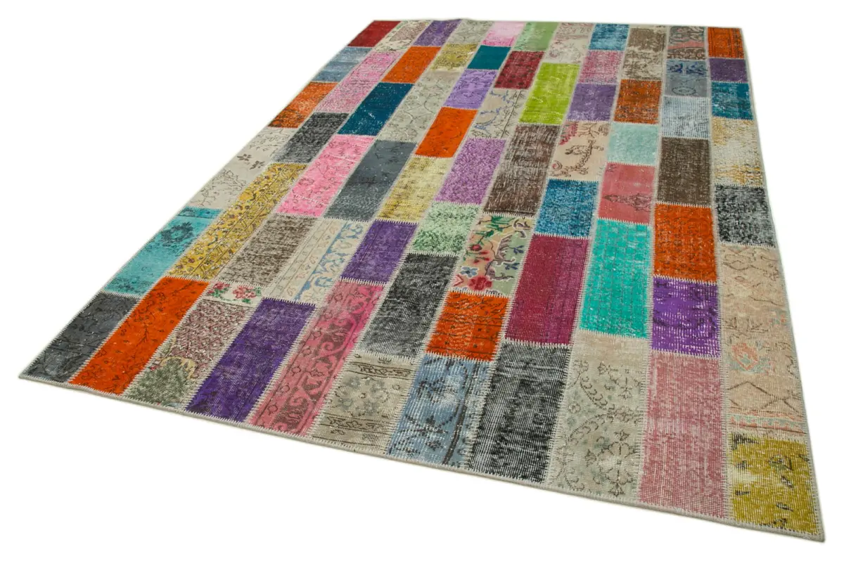Patchwork Multi Pamuk Üzerine Yün El Dokuma Kilim-206x307 - Görsel 3