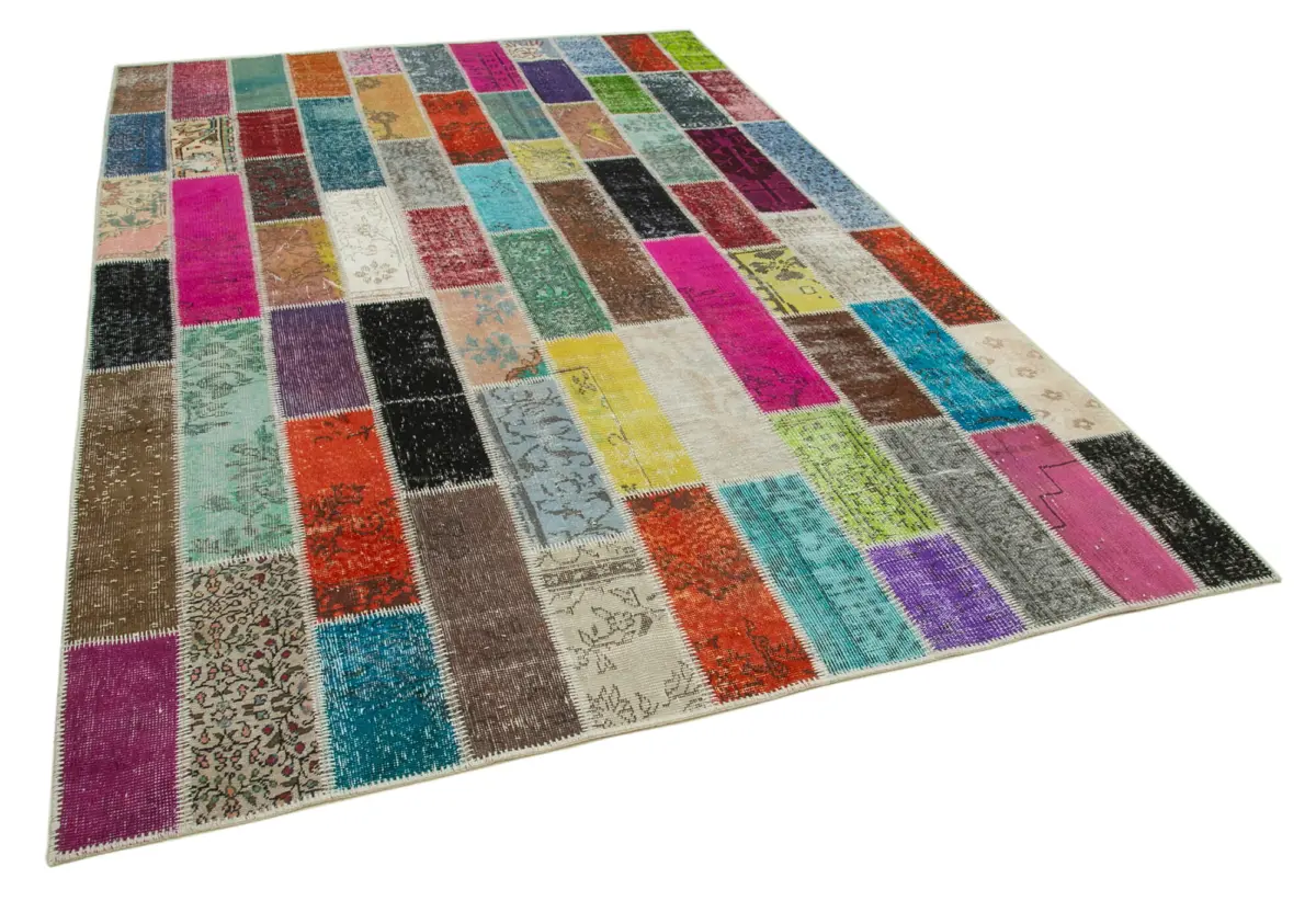 Patchwork Multi Pamuk Üzerine Yün El Dokuma Kilim-200x300 - Görsel 2
