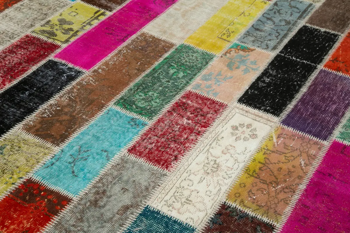 Patchwork Multi Pamuk Üzerine Yün El Dokuma Kilim-200x300 - Görsel 5