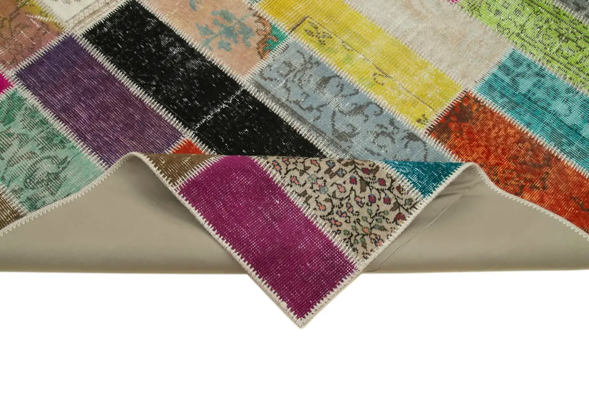 Patchwork Multi Pamuk Üzerine Yün El Dokuma Kilim-200x300 - Görsel 6