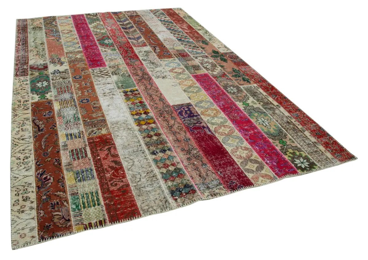 Patchwork Multi Pamuk Üzerine Yün El Dokuma Kilim-203x308 - Görsel 2