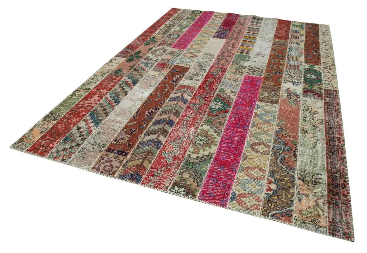 Patchwork Multi Pamuk Üzerine Yün El Dokuma Kilim-203x308 - Görsel 3