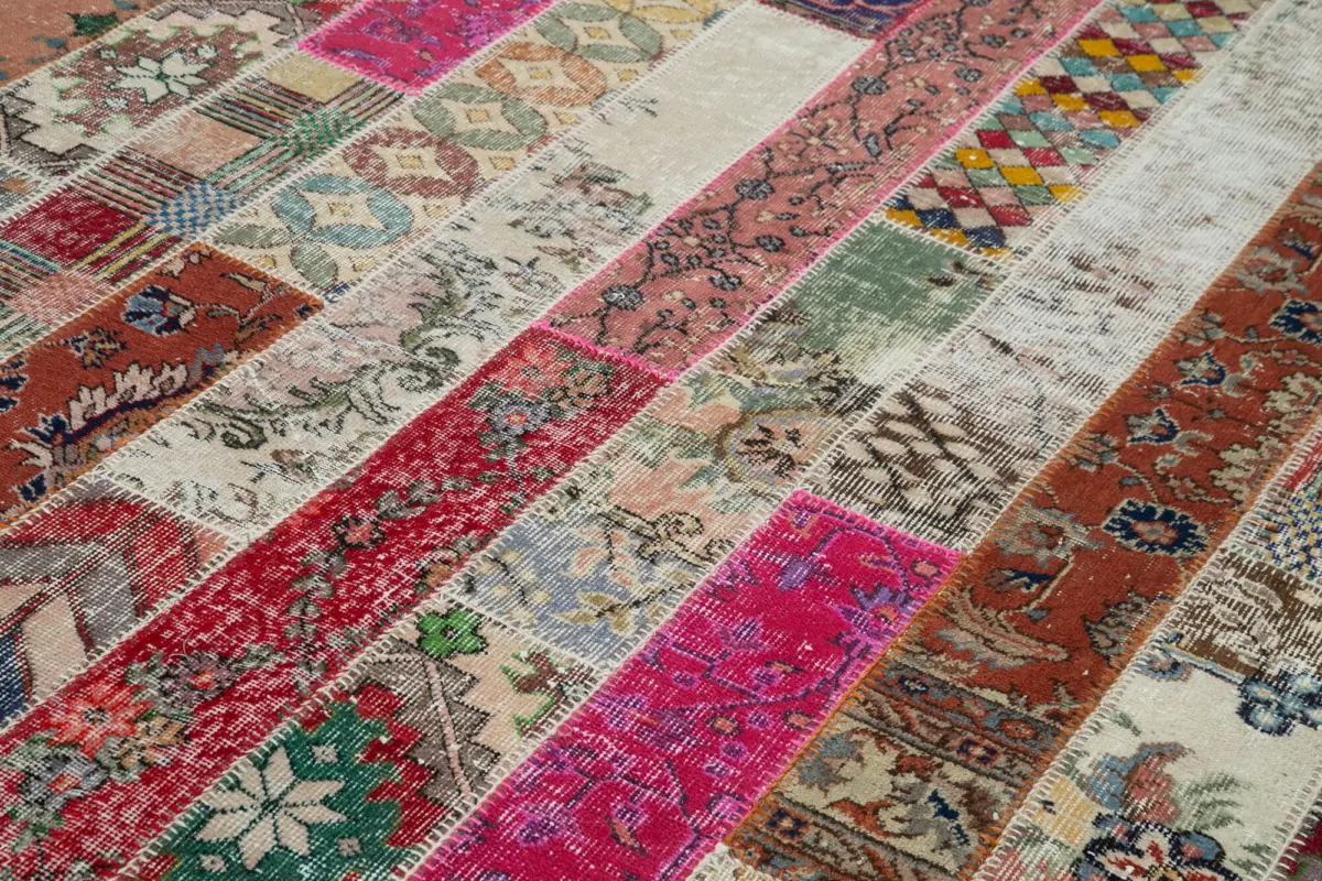 Patchwork Multi Pamuk Üzerine Yün El Dokuma Kilim-203x308 - Görsel 5