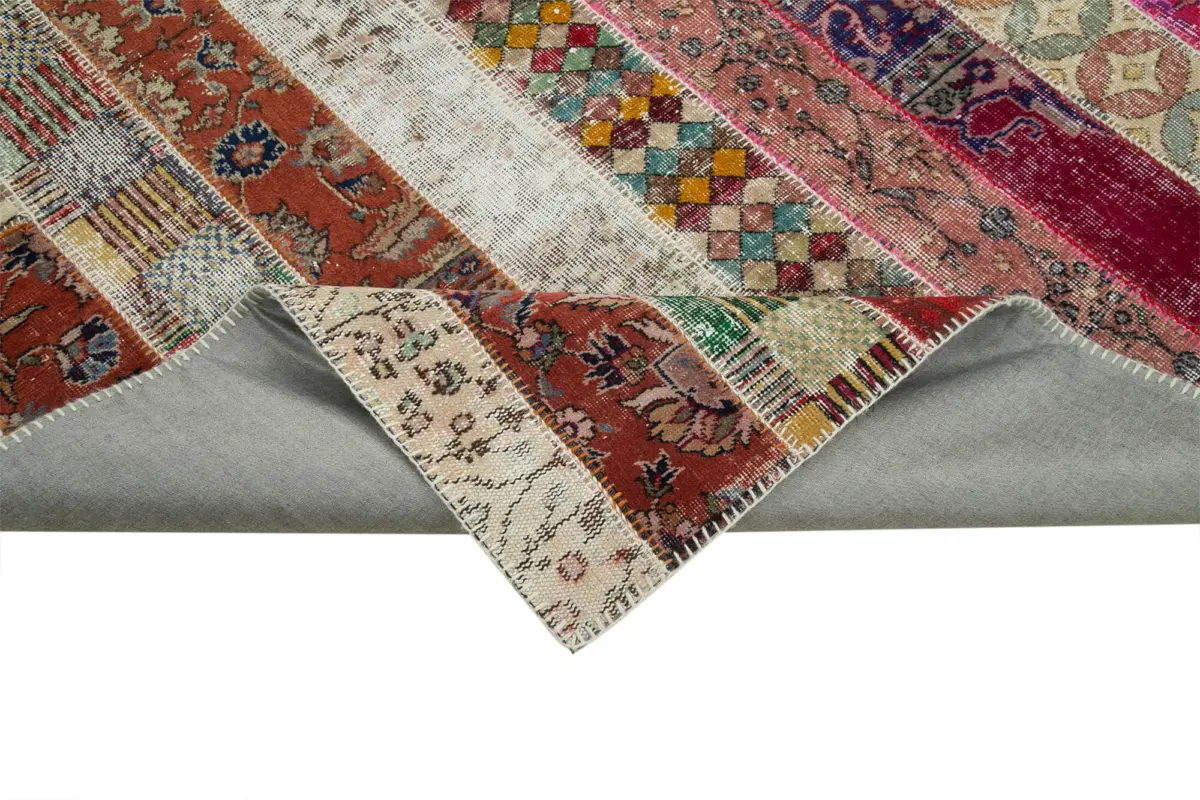 Patchwork Multi Pamuk Üzerine Yün El Dokuma Kilim-203x308 - Görsel 6