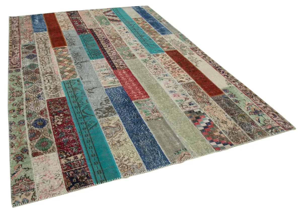 Patchwork Multi Pamuk Üzerine Yün El Dokuma Kilim-203x305 - Görsel 2