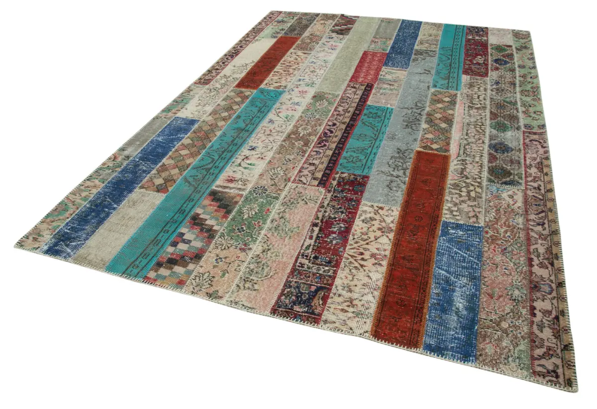 Patchwork Multi Pamuk Üzerine Yün El Dokuma Kilim-203x305 - Görsel 3
