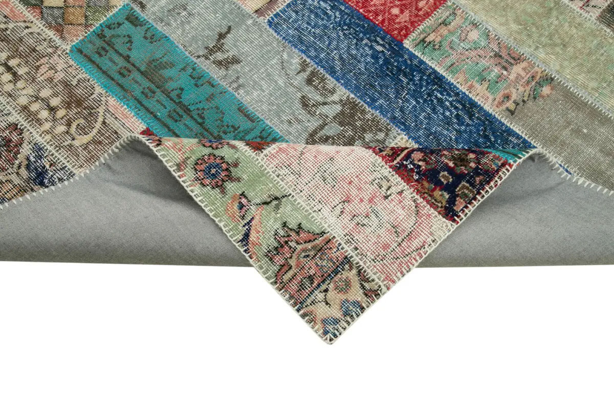 Patchwork Multi Pamuk Üzerine Yün El Dokuma Kilim-203x305 - Görsel 6