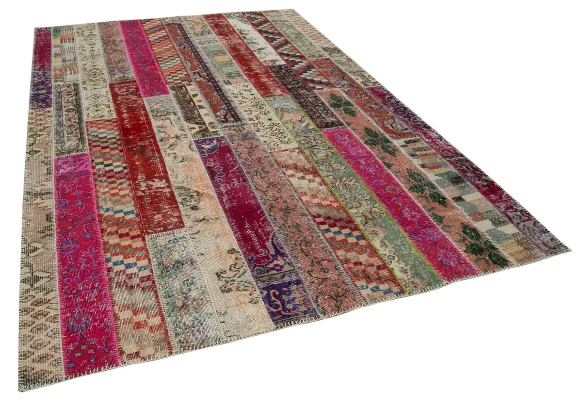Patchwork Multi Pamuk Üzerine Yün El Dokuma Kilim-202x306 - Görsel 2