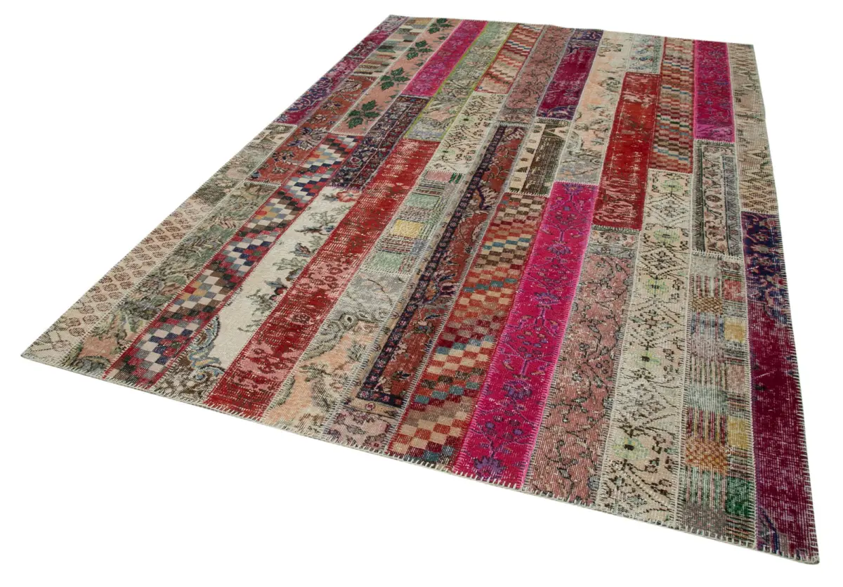 Patchwork Multi Pamuk Üzerine Yün El Dokuma Kilim-202x306 - Görsel 3