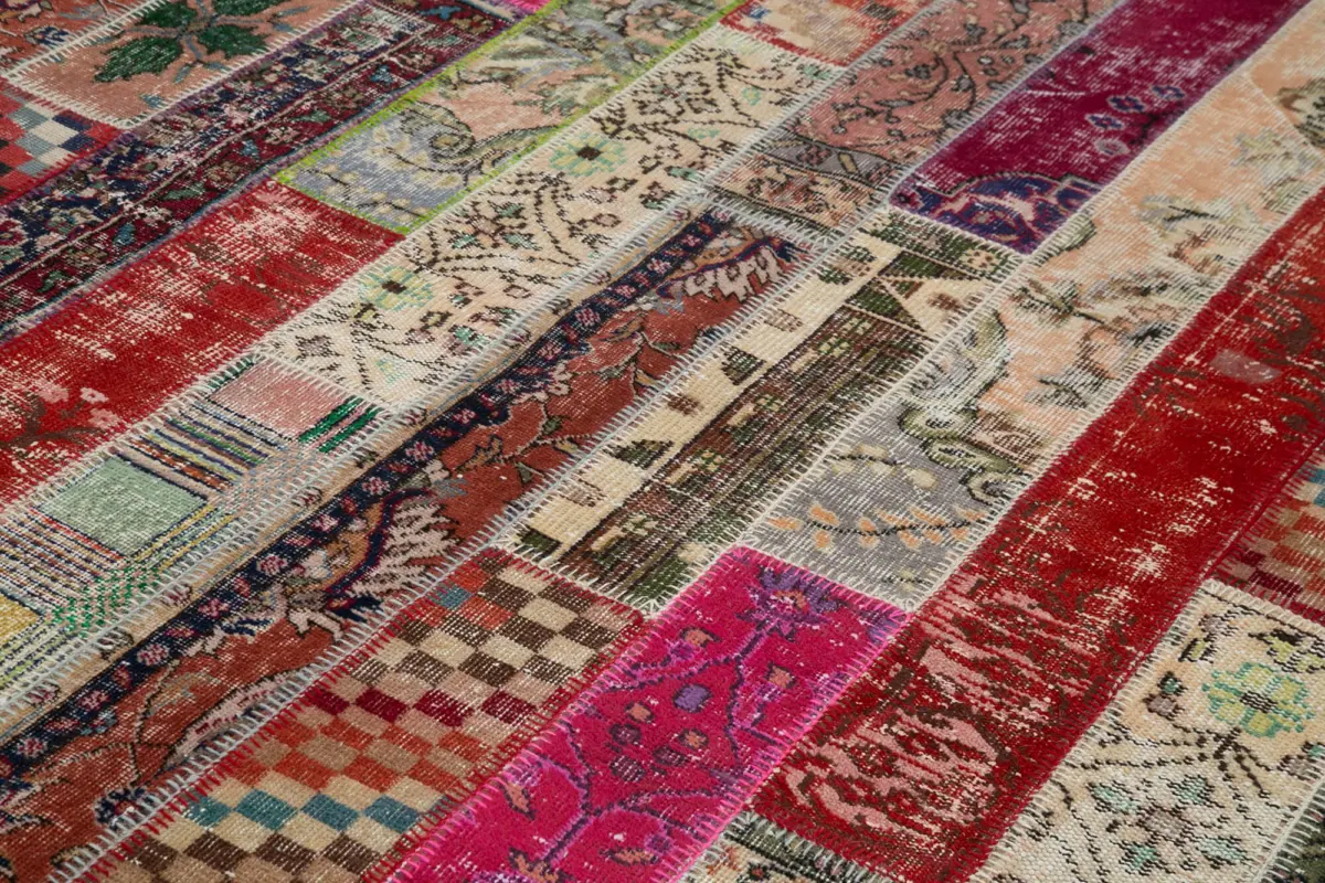 Patchwork Multi Pamuk Üzerine Yün El Dokuma Kilim-202x306 - Görsel 5