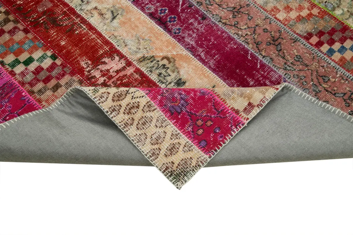 Patchwork Multi Pamuk Üzerine Yün El Dokuma Kilim-202x306 - Görsel 6