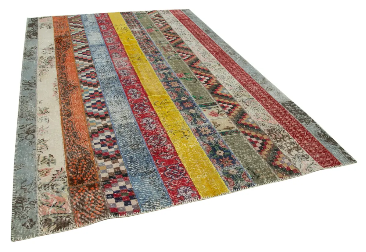 Patchwork Multi Pamuk Üzerine Yün El Dokuma Kilim-203x305 - Görsel 2