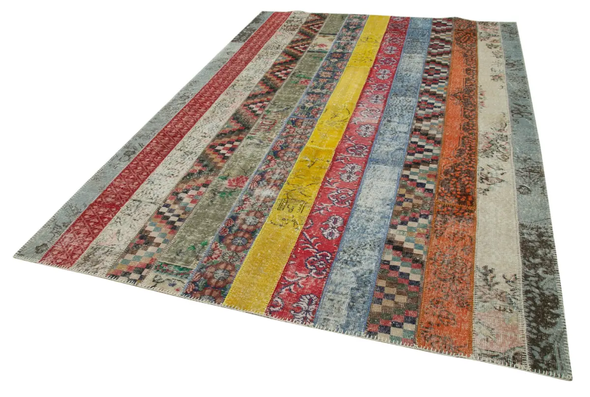Patchwork Multi Pamuk Üzerine Yün El Dokuma Kilim-203x305 - Görsel 3
