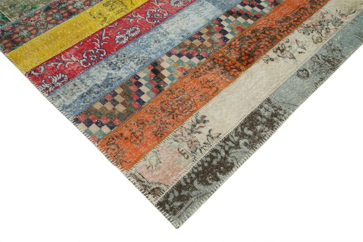 Patchwork Multi Pamuk Üzerine Yün El Dokuma Kilim-203x305 - Görsel 4