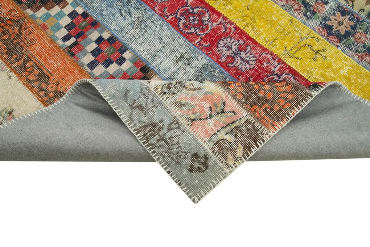 Patchwork Multi Pamuk Üzerine Yün El Dokuma Kilim-203x305 - Görsel 6