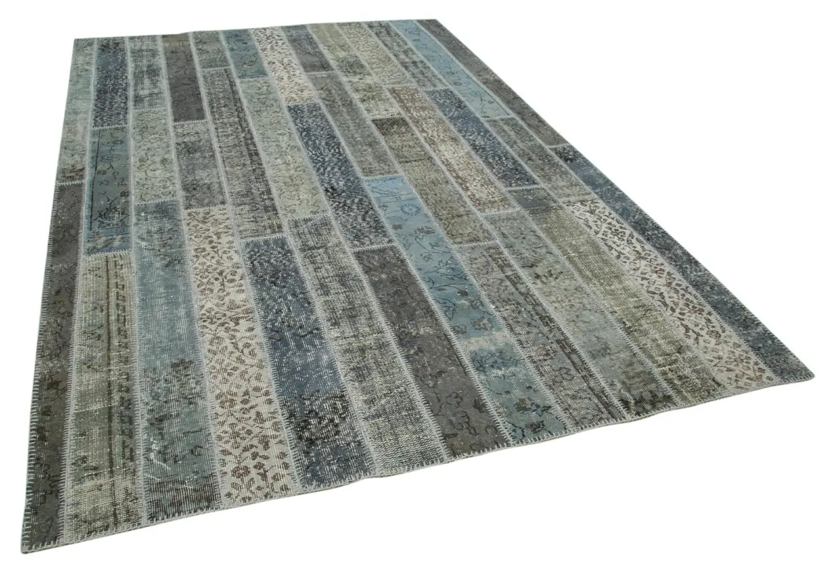 Patchwork Gri Pamuk Üzerine Yün El Dokuma Kilim-202x305 - Görsel 2