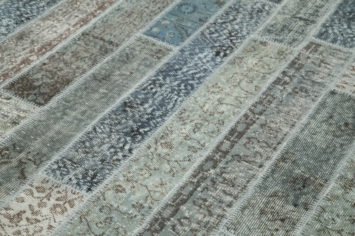Patchwork Gri Pamuk Üzerine Yün El Dokuma Kilim-202x305 - Görsel 5
