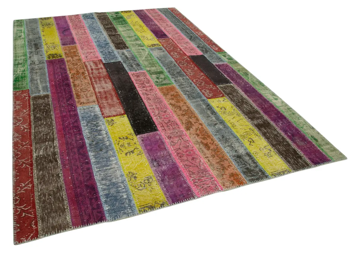 Patchwork Multi Pamuk Üzerine Yün El Dokuma Kilim-201x300 - Görsel 2