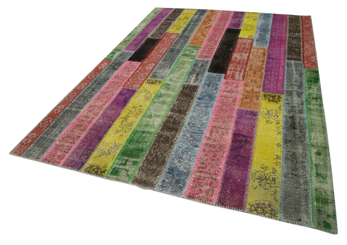 Patchwork Multi Pamuk Üzerine Yün El Dokuma Kilim-201x300 - Görsel 3