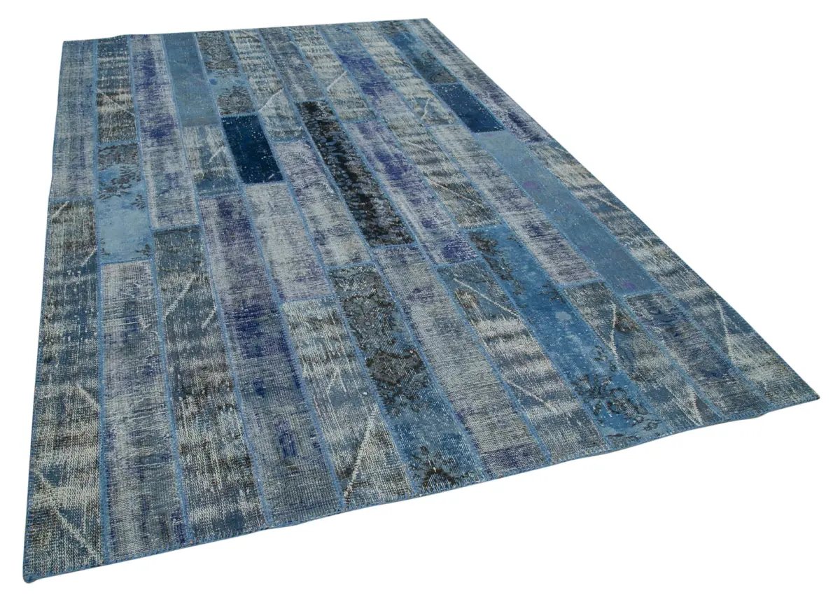 Patchwork Mavi Pamuk Üzerine Yün El Dokuma Kilim-194x300 - Görsel 2