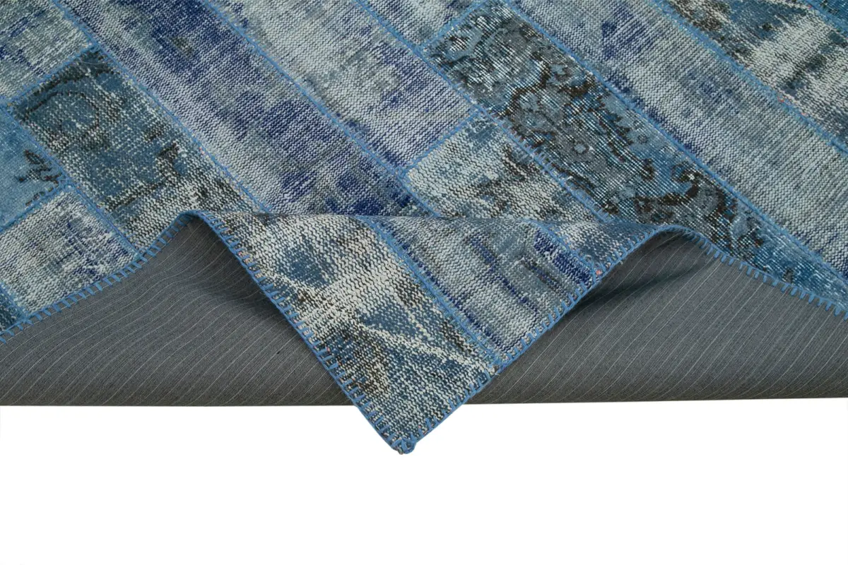 Patchwork Mavi Pamuk Üzerine Yün El Dokuma Kilim-194x300 - Görsel 6