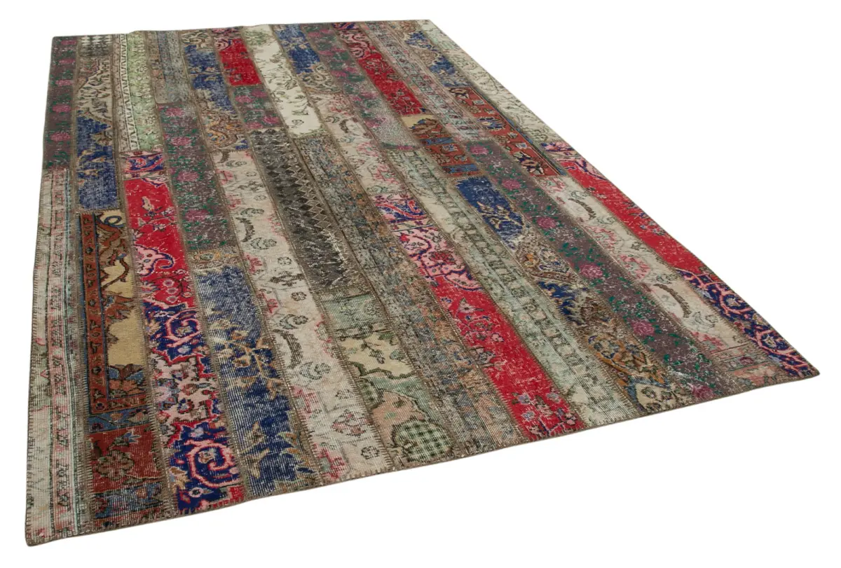 Patchwork Multi Pamuk Üzerine Yün El Dokuma Kilim-205x303 - Görsel 2